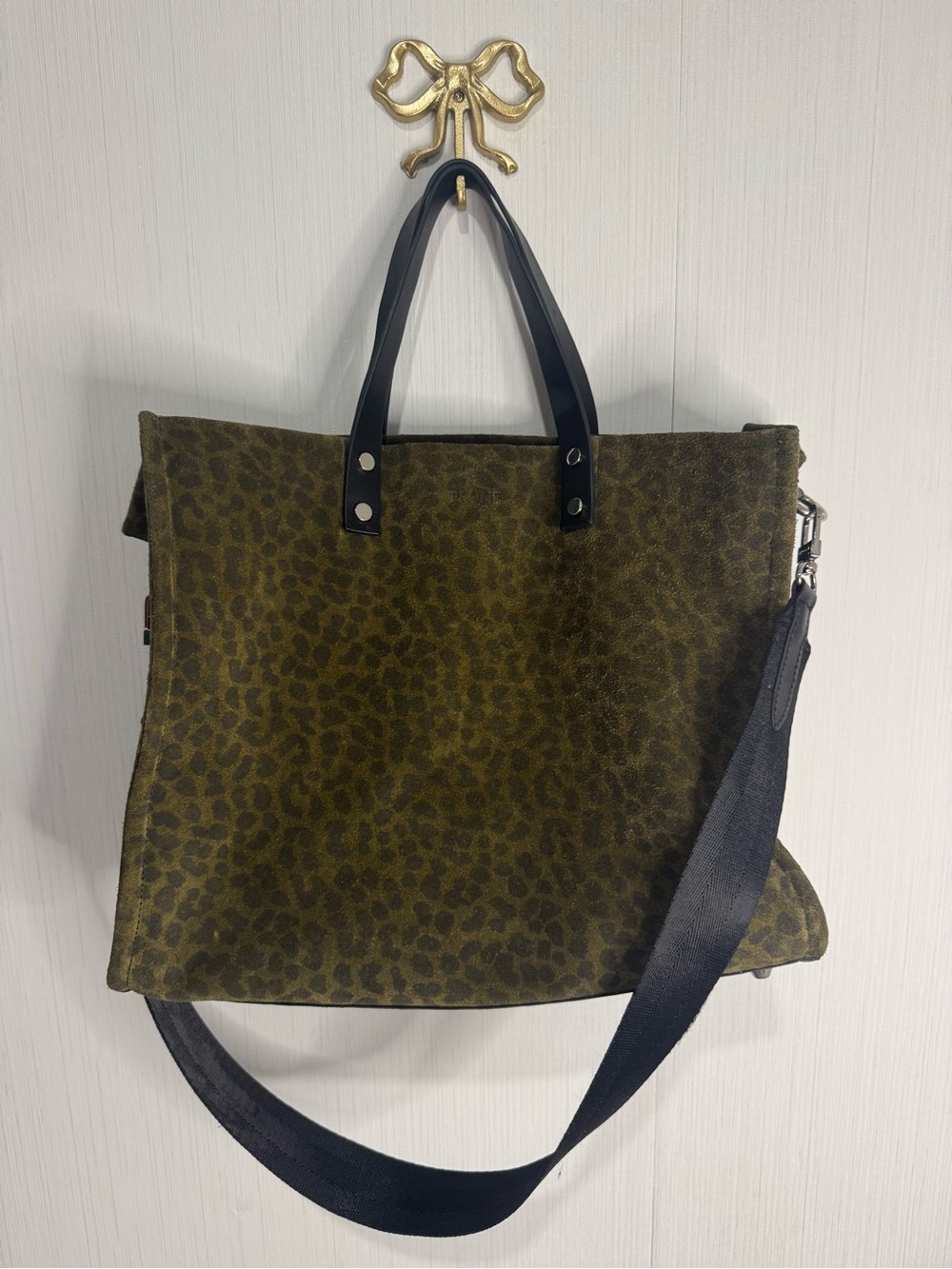 Prüne Capri Gamuza Suede Bag in Olive Green Leopard Print.